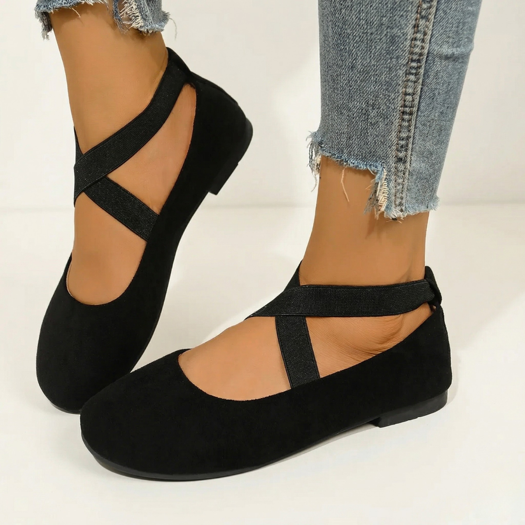 Women’s Round-Toe Ballet Flats with Criss Cross Elastic Ankle Straps