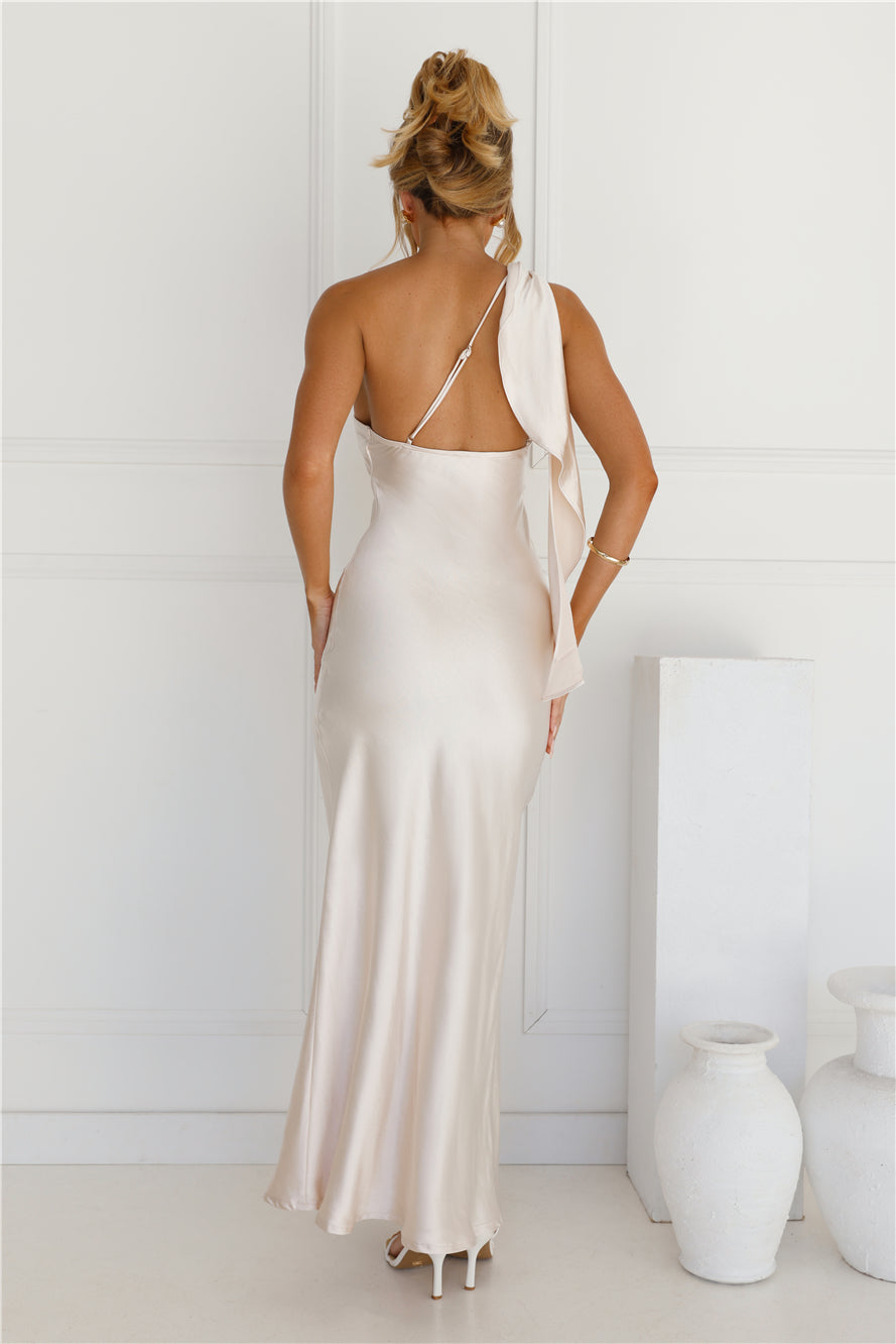 Helena Champagne Satin One Shoulder Maxi Dress