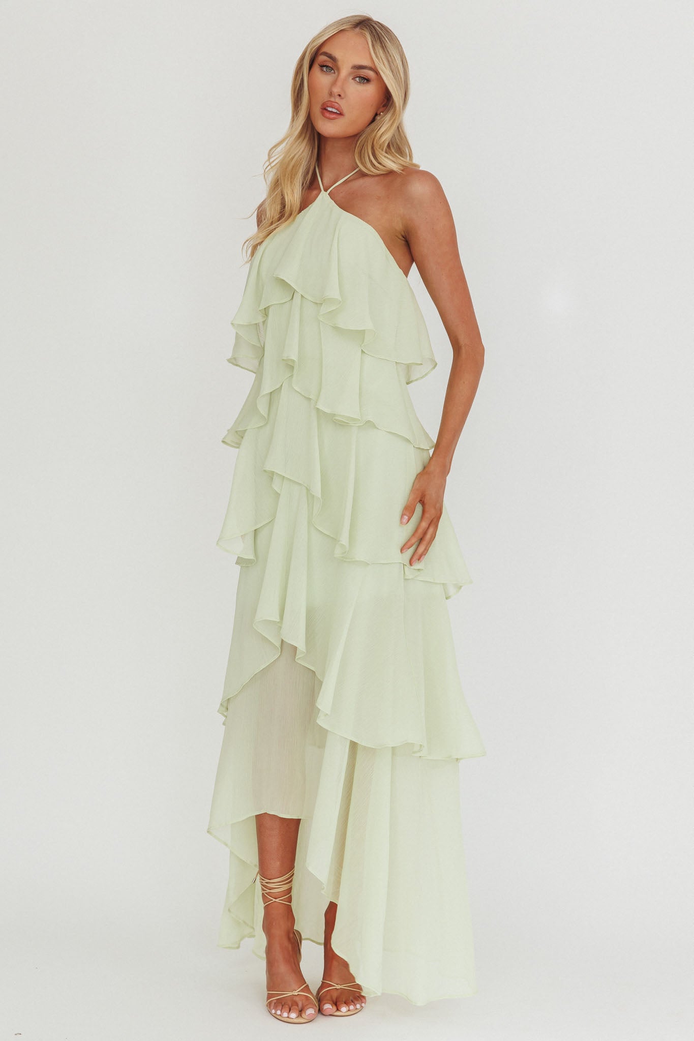 Clematis Sage Ruffle Maxi Dress