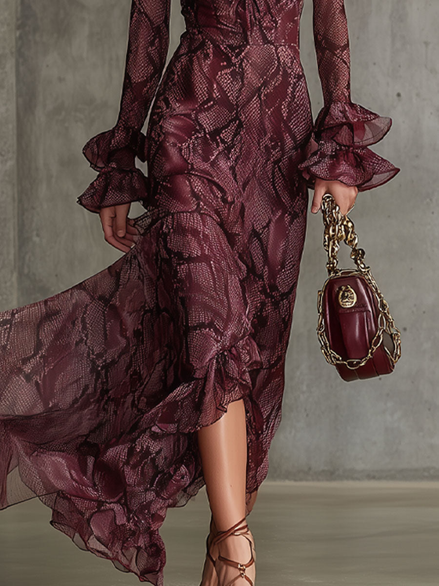 Blythe Burgundy Chiffon Ruffle Maxi Dress