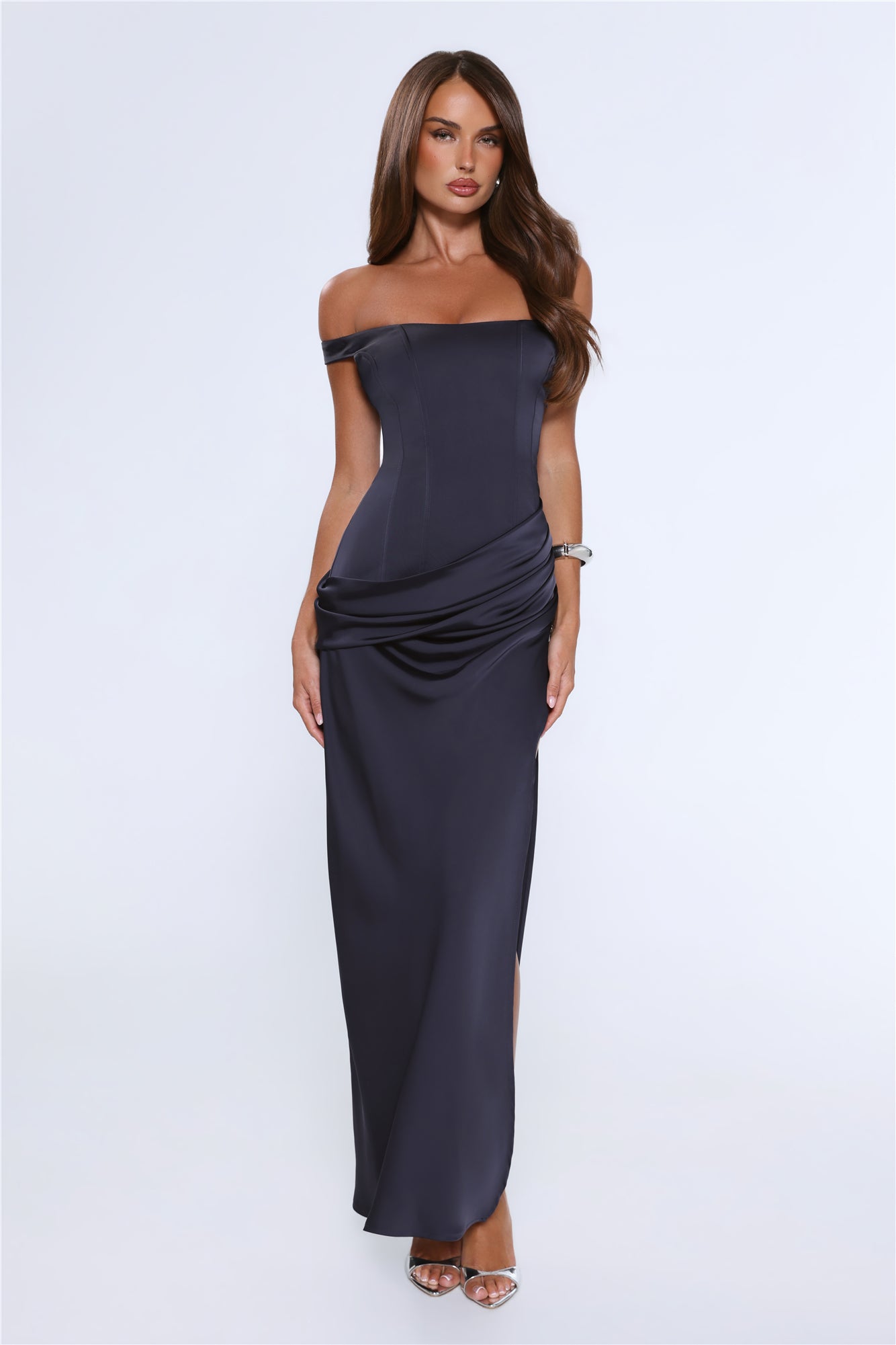 Callie Navy Satin Off-Shoulder Maxi Dress