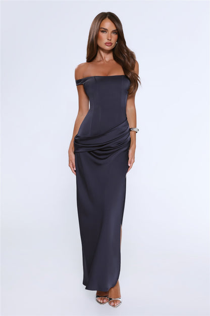 Callie Navy Satin Off-Shoulder Maxi Dress