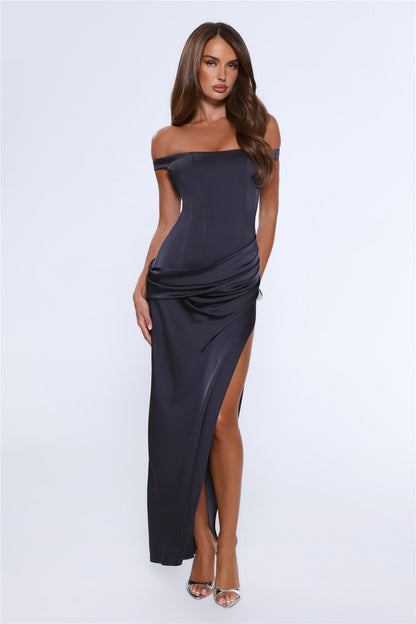 Callie Navy Satin Off-Shoulder Maxi Dress