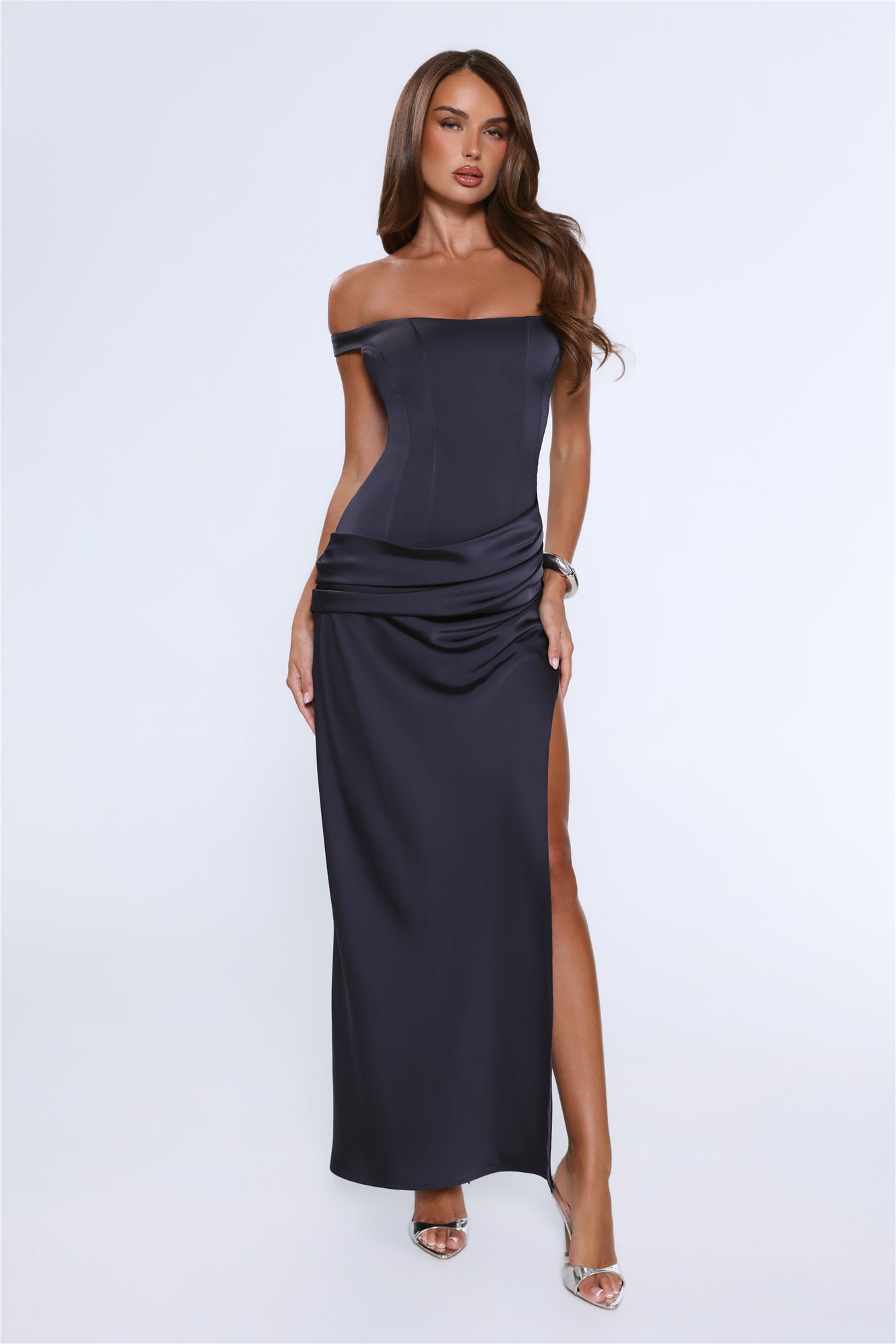Callie Navy Satin Off-Shoulder Maxi Dress