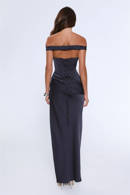 Callie Navy Satin Off-Shoulder Maxi Dress