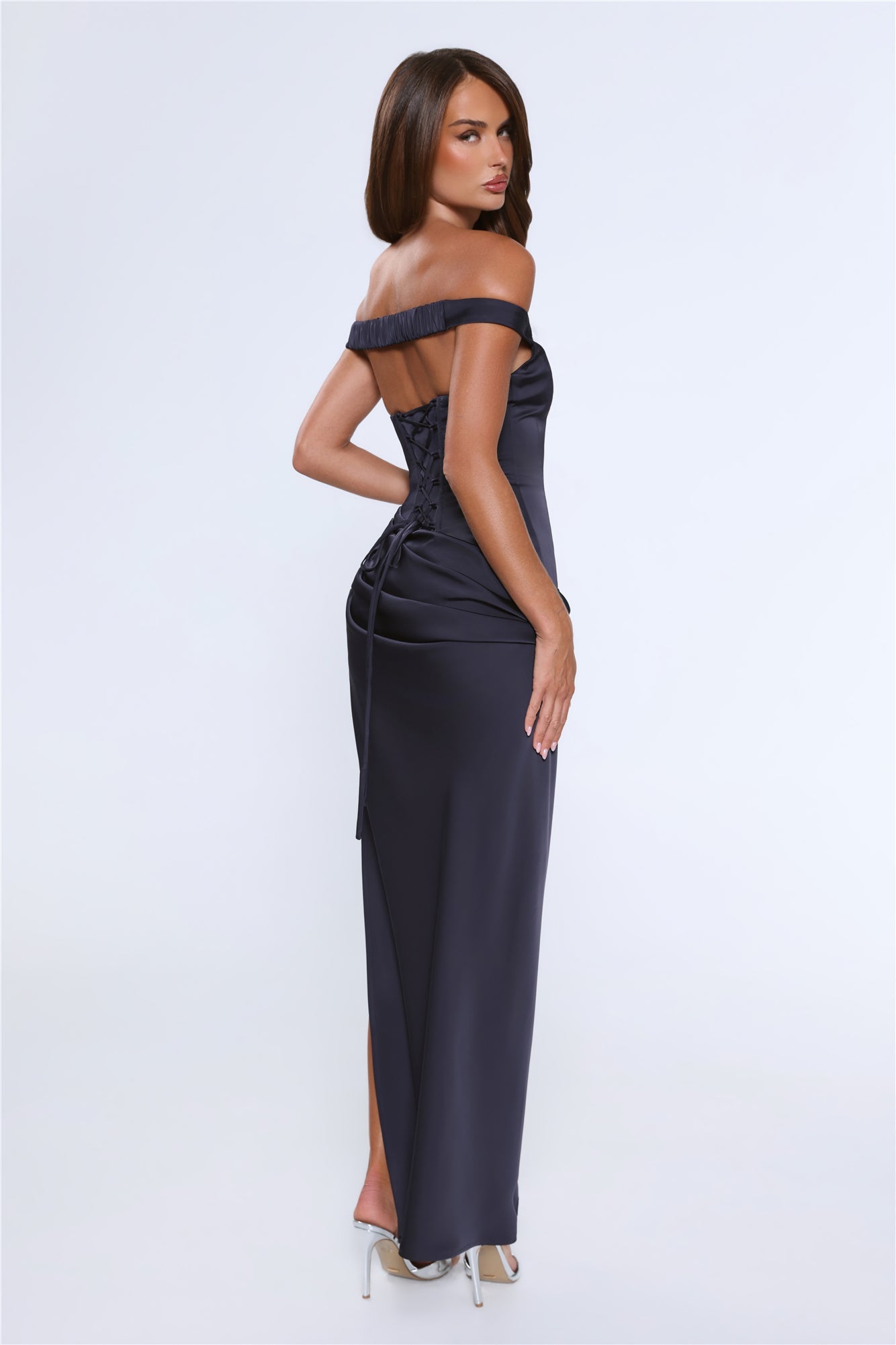 Callie Navy Satin Off-Shoulder Maxi Dress
