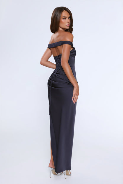 Callie Navy Satin Off-Shoulder Maxi Dress