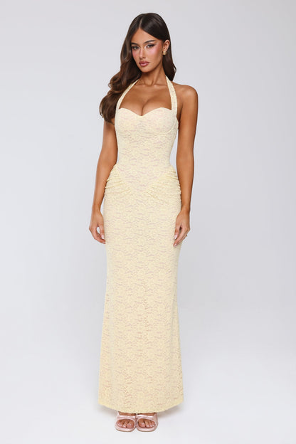 Elsie Yellow Lace Halter Maxi Dress