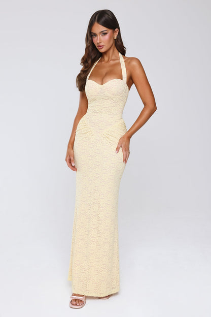 Elsie Yellow Lace Halter Maxi Dress