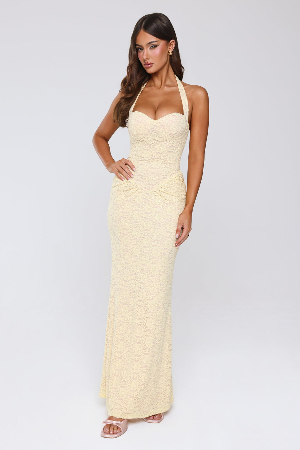 Elsie Yellow Lace Halter Maxi Dress