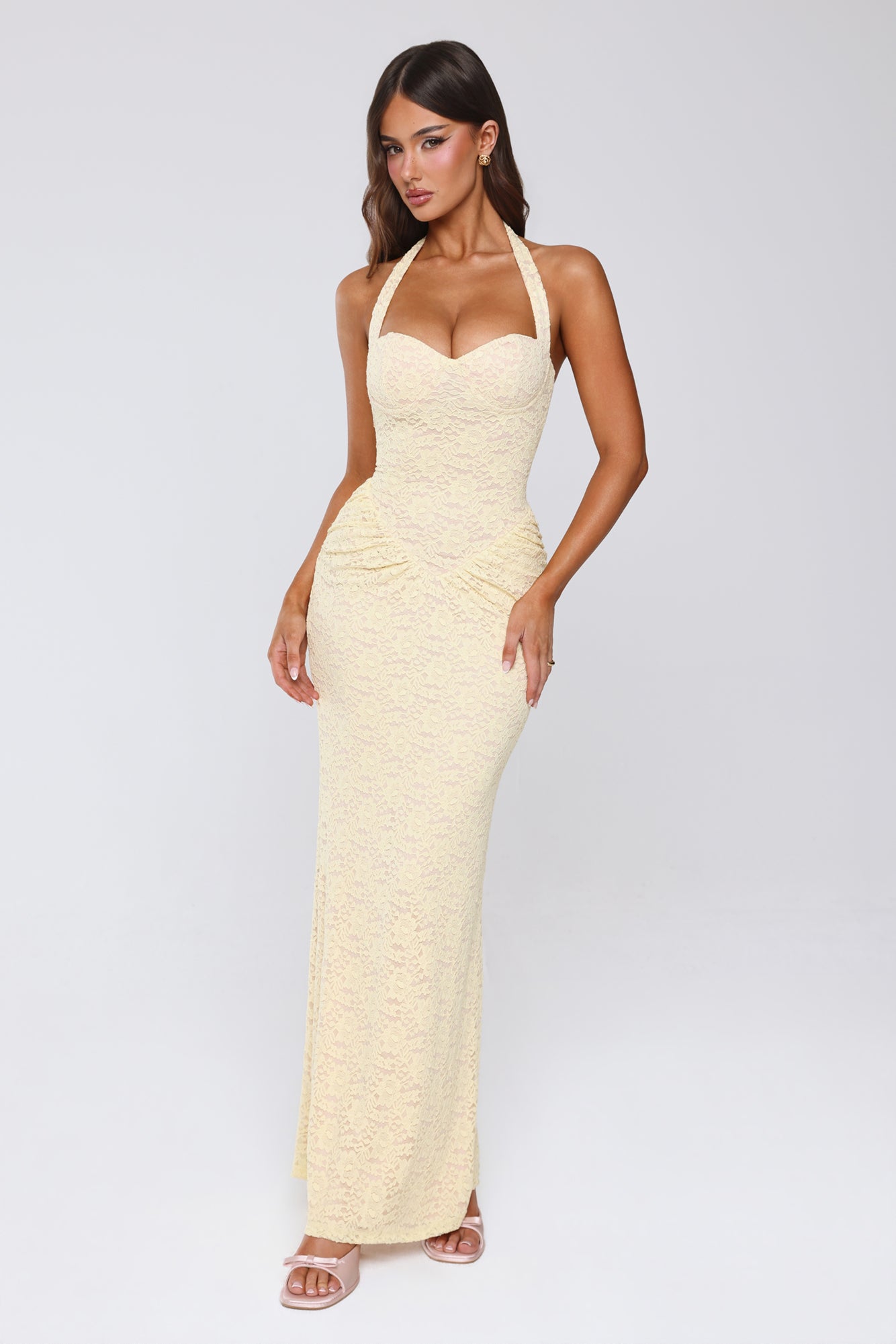 Elsie Yellow Lace Halter Maxi Dress