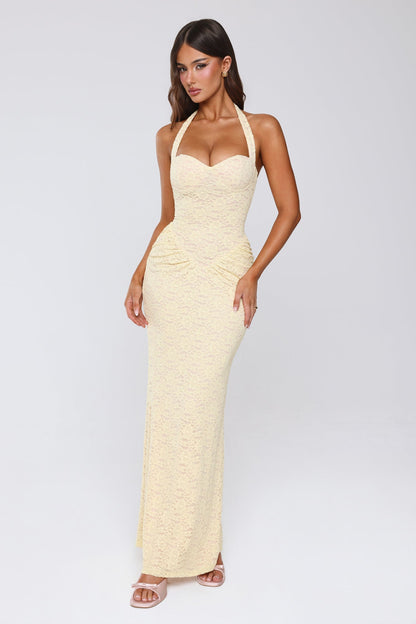 Elsie Yellow Lace Halter Maxi Dress