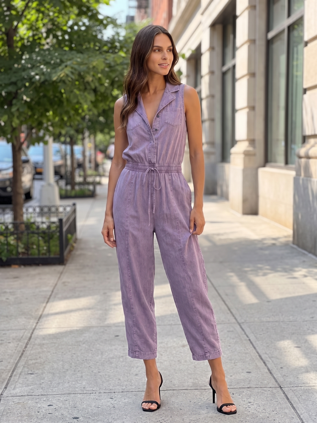 AUDRINA Women's Sleeveless Washed Denim Utility Jumpsuit