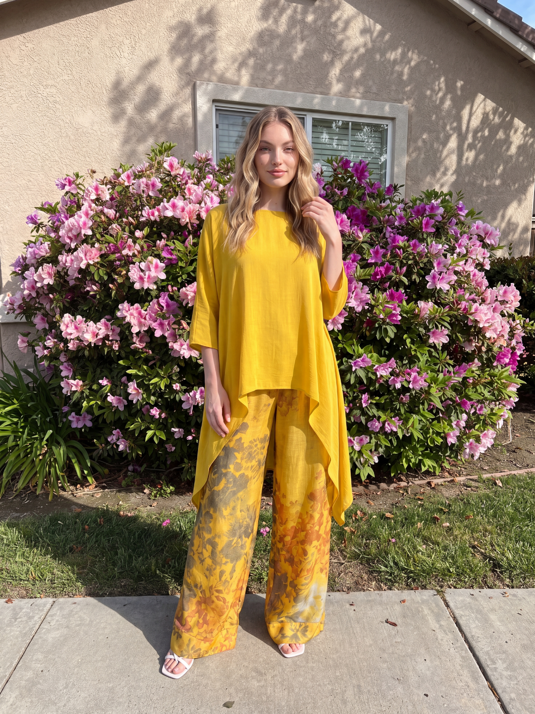 IONE Women's Asymmetric Top and Floral Print Wide Leg Pants Set