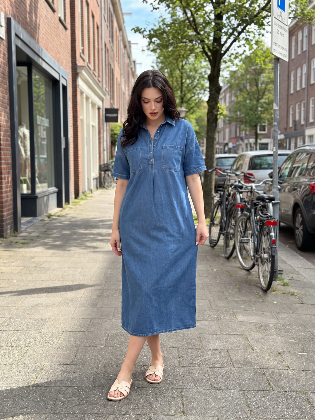 EFFIE Women's Short Sleeve Polo Collar Denim Midi Dress
