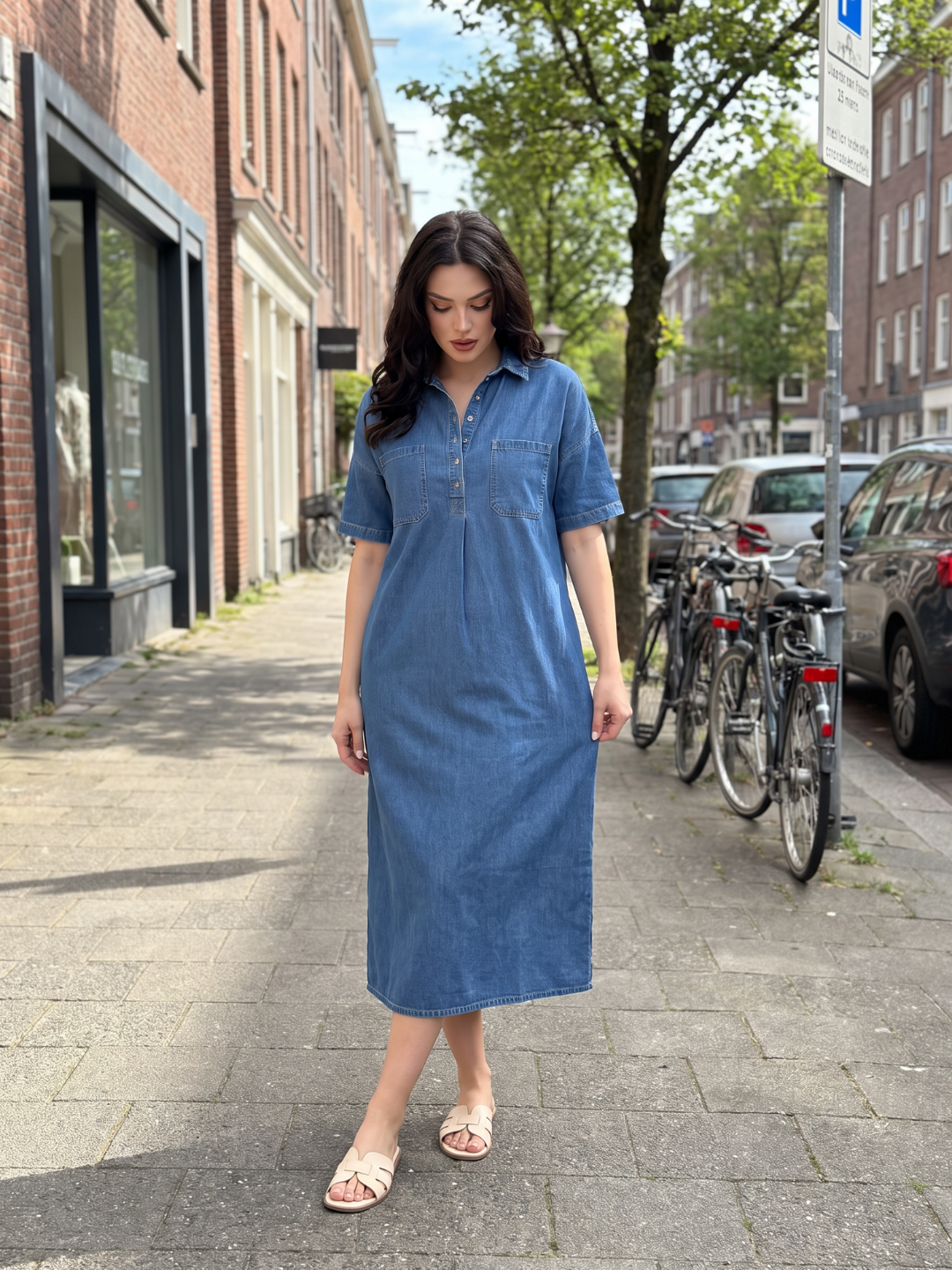 EFFIE Women's Short Sleeve Polo Collar Denim Midi Dress