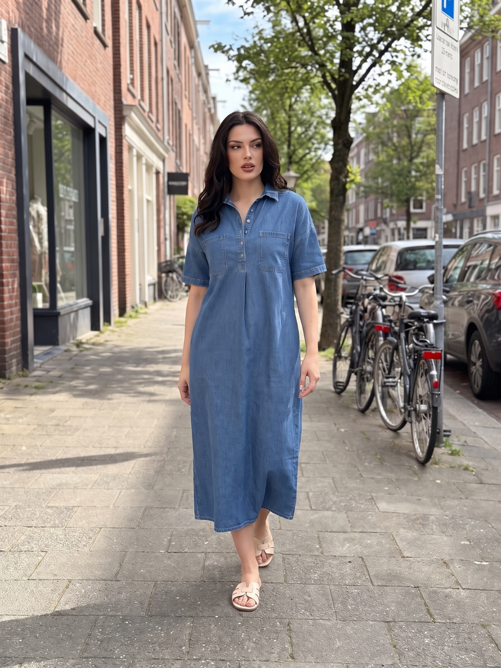 EFFIE Women's Short Sleeve Polo Collar Denim Midi Dress