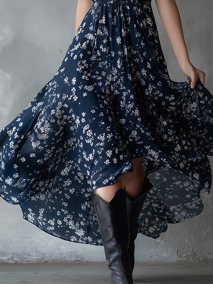 Thora Blue Chiffon Floral Maxi Dress
