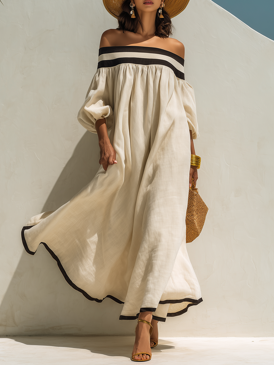 Yara Beige Linen Off-Shoulder Maxi Dress