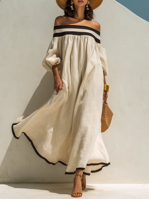 Yara Beige Linen Off-Shoulder Maxi Dress