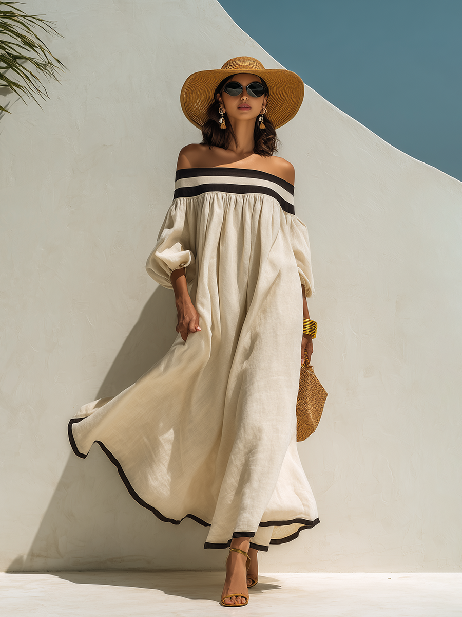 Yara Beige Linen Off-Shoulder Maxi Dress