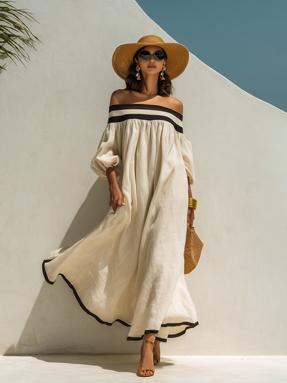 Yara Beige Linen Off-Shoulder Maxi Dress