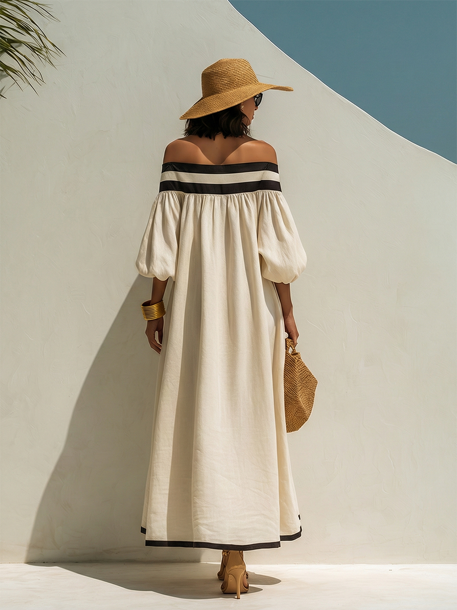 Yara Beige Linen Off-Shoulder Maxi Dress