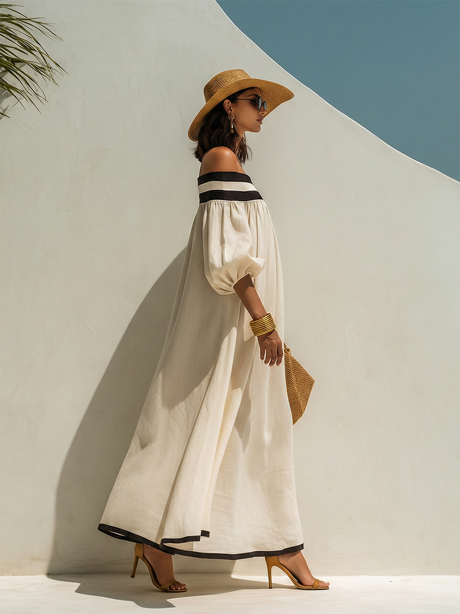 Yara Beige Linen Off-Shoulder Maxi Dress