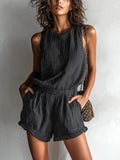 Sable Black Linen Sleeveless Romper