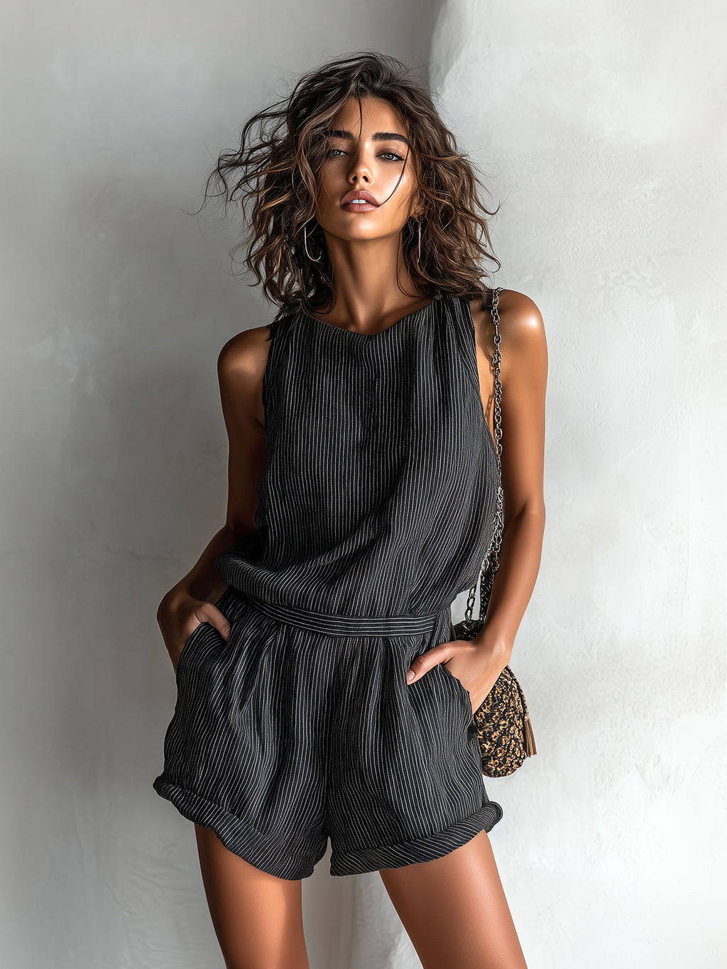 Sable Black Linen Sleeveless Romper