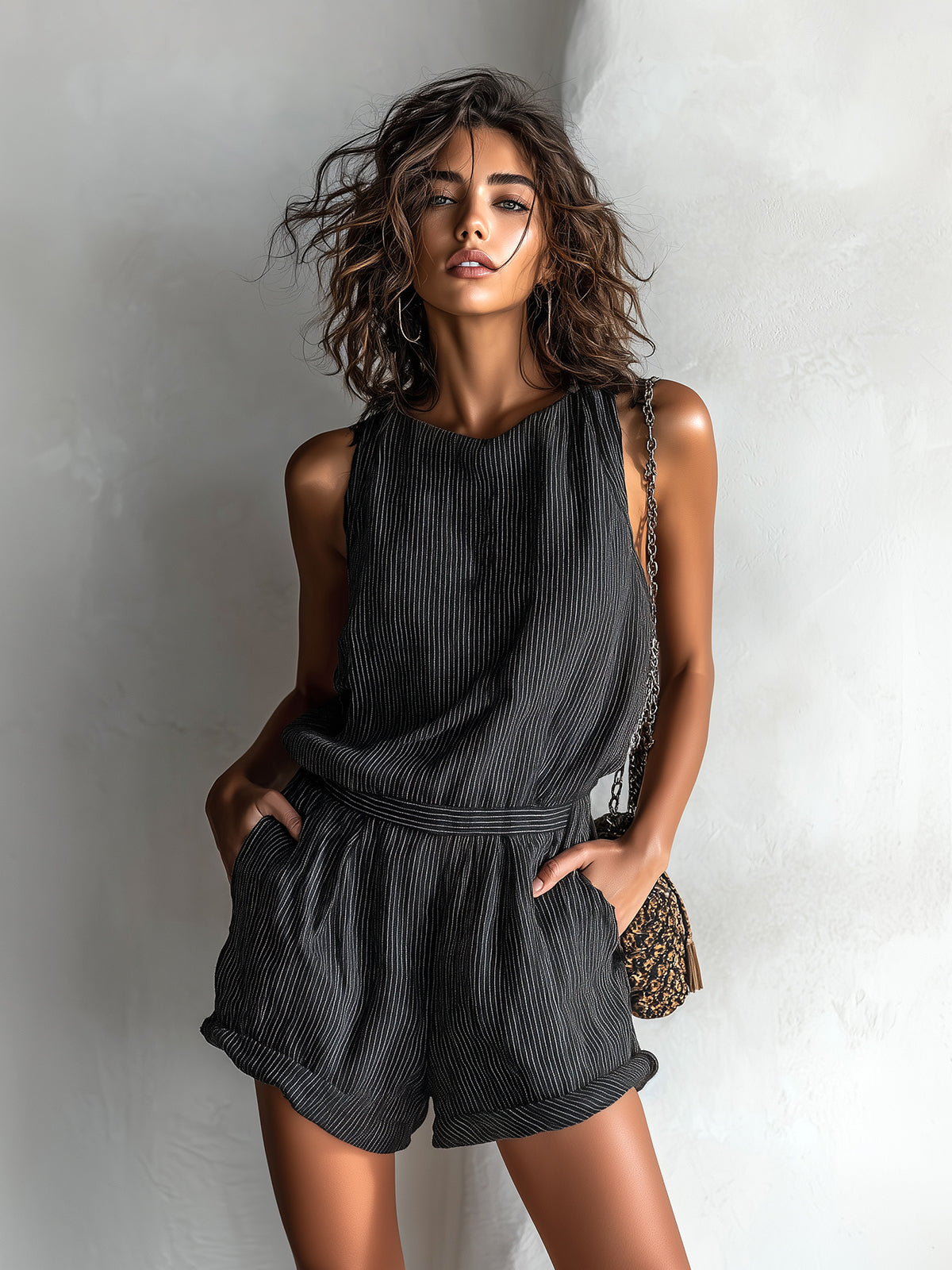 Sable Black Linen Sleeveless Romper