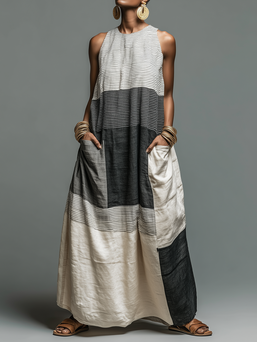 Lux | Striped Colorblock Linen Maxi Dress