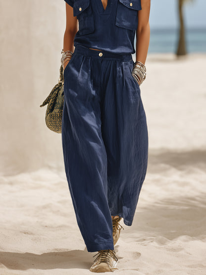 Maeva Blue Linen V-Neck Co-ord Set