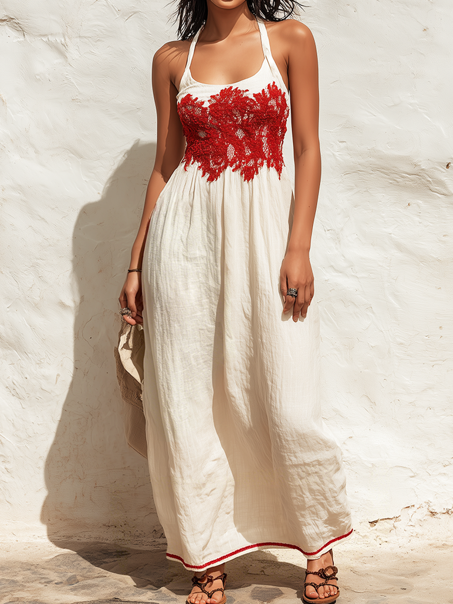 Lennox | Lace Halter Linen Maxi Dress