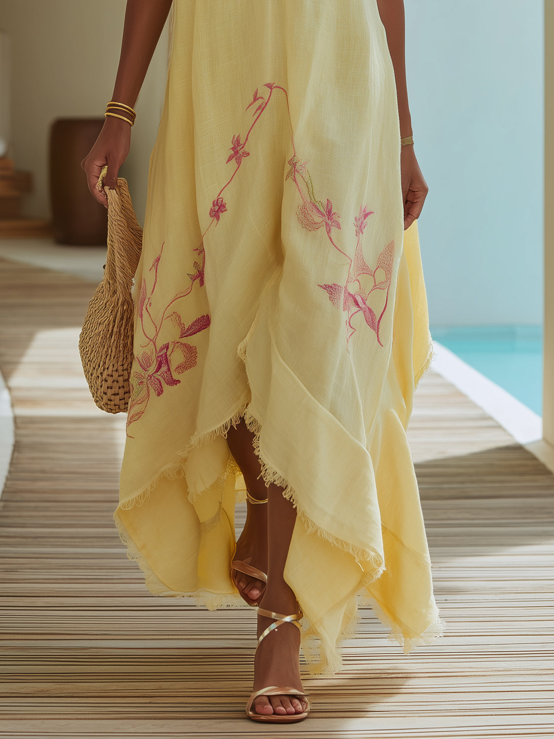 Winnie Lemon Linen Floral Maxi Dress