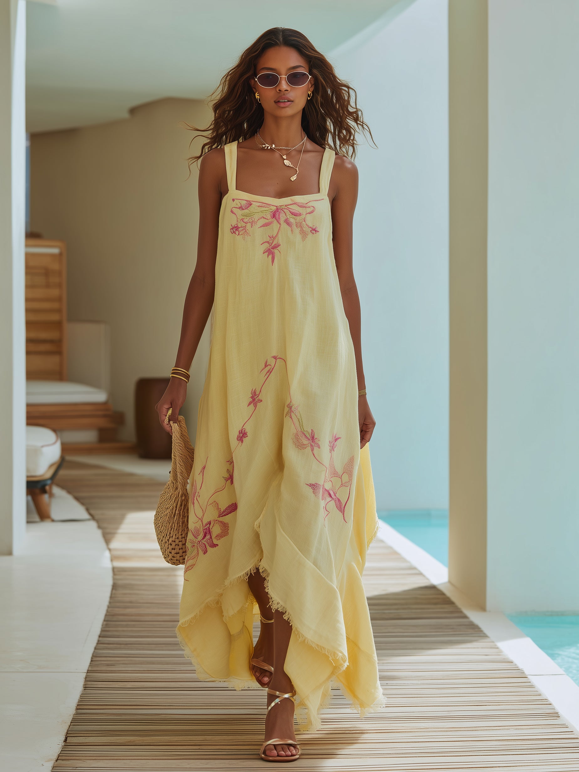 Winnie Lemon Linen Floral Maxi Dress