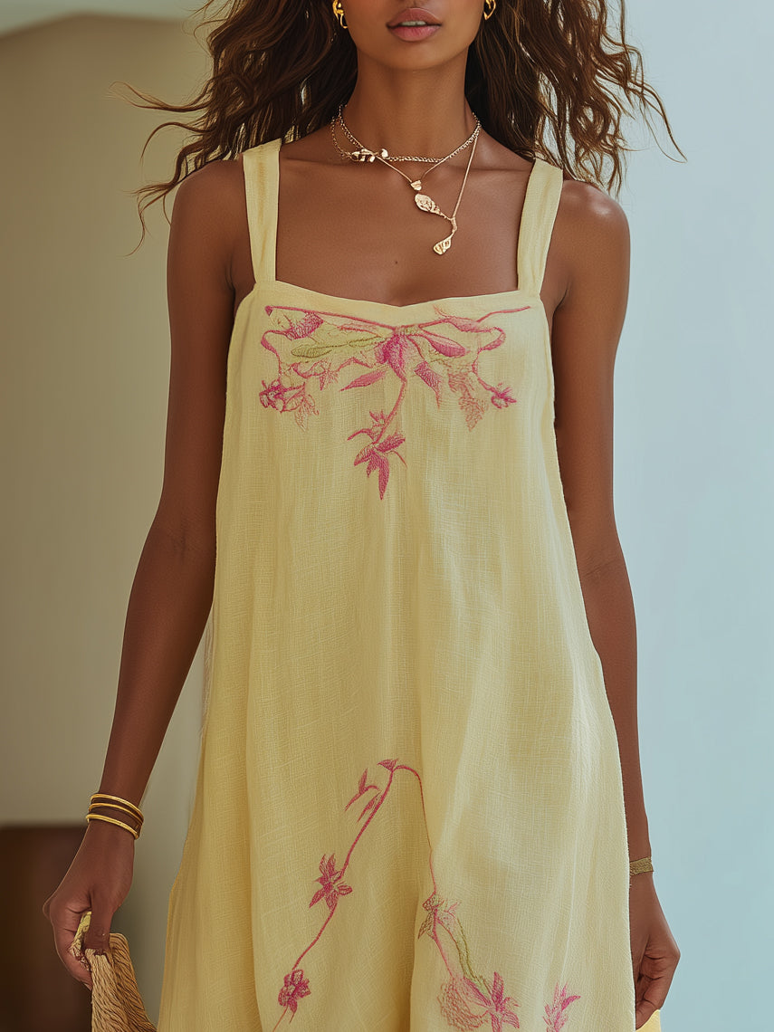 Winnie Lemon Linen Floral Maxi Dress