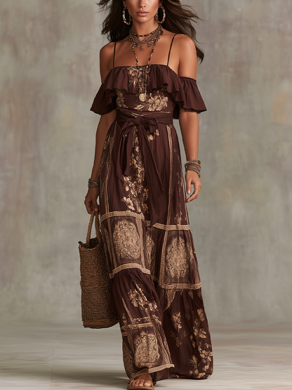 Verity Brown Off-Shoulder Maxi Dress