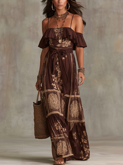 Verity Brown Off-Shoulder Maxi Dress