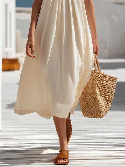 Arabella Ivory Linen Pleated Midi Dress