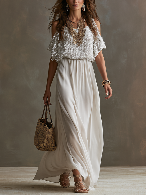 Nova White Chiffon Off-Shoulder Maxi Dress