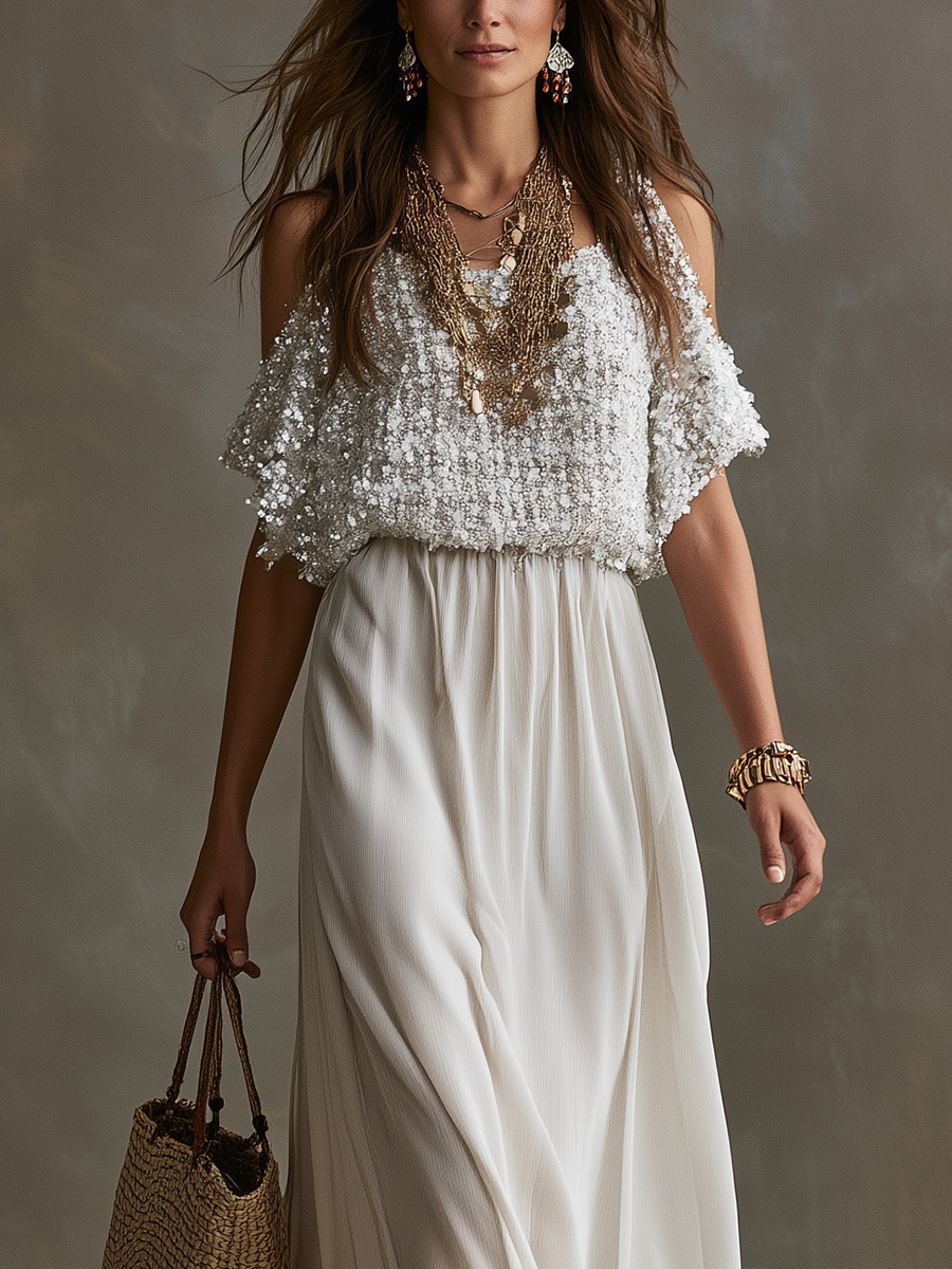 Nova White Chiffon Off-Shoulder Maxi Dress