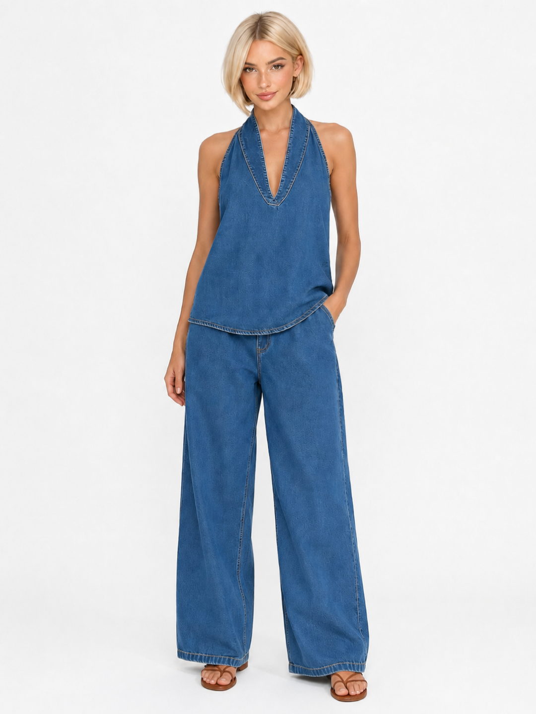 DARIA Women's Halter Neck Denim Top and Wide Leg Trouser Set