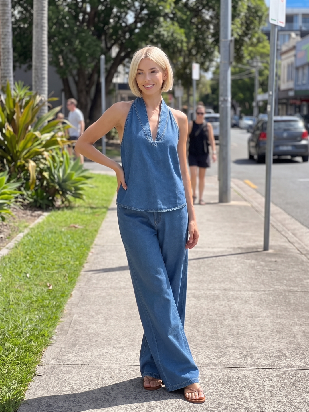 DARIA Women's Halter Neck Denim Top and Wide Leg Trouser Set