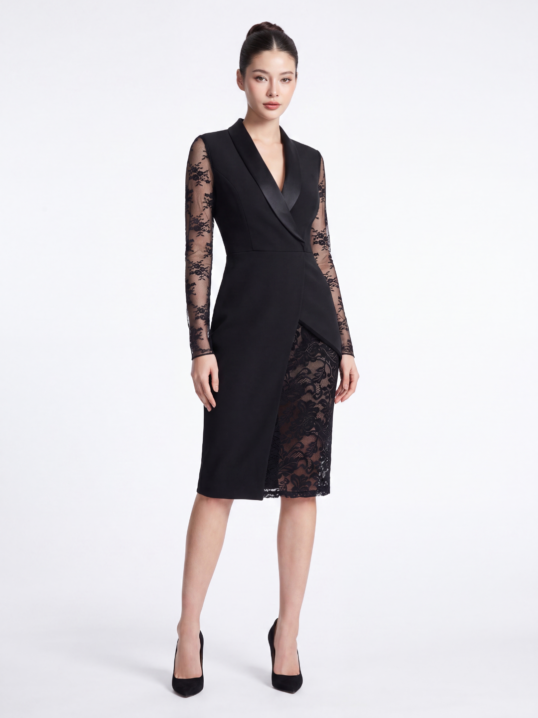 Vivienne | Lace Sleeve Tuxedo Midi Dress