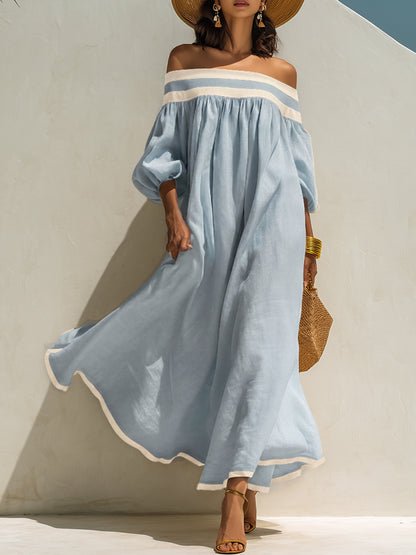Yara Beige Linen Off-Shoulder Maxi Dress