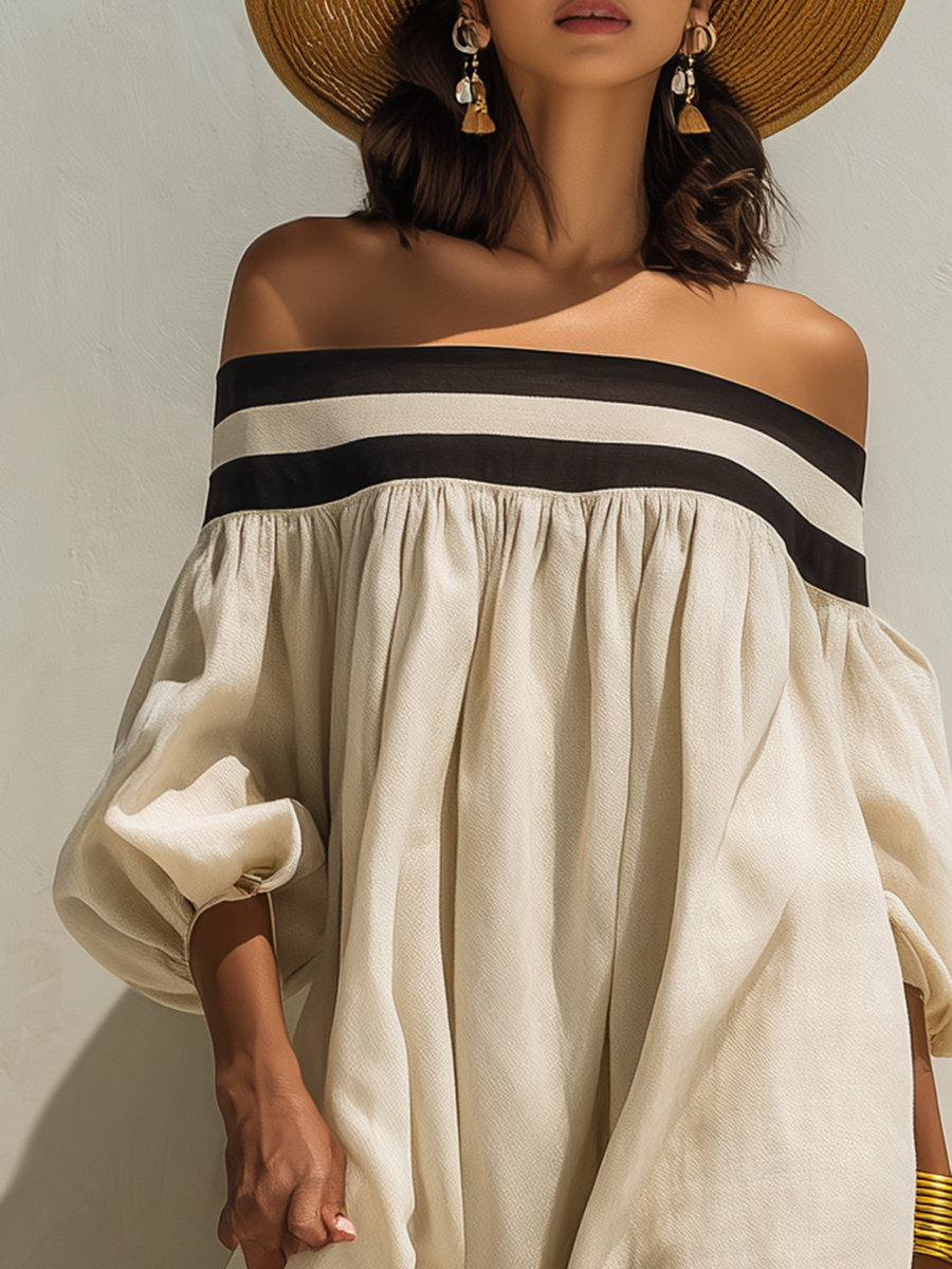Yara Beige Linen Off-Shoulder Maxi Dress