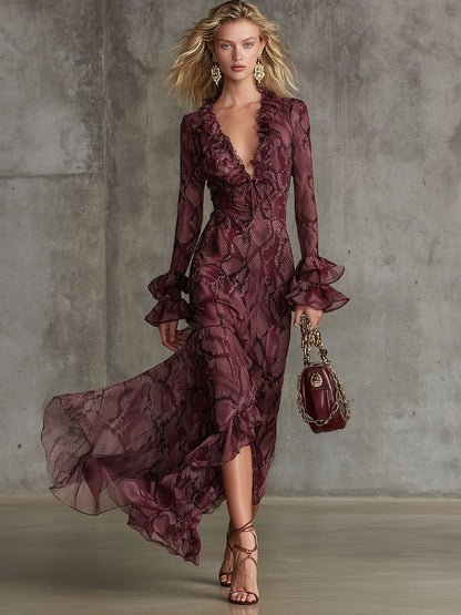 Blythe Burgundy Chiffon Ruffle Maxi Dress