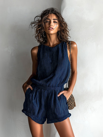 Sable Black Linen Sleeveless Romper
