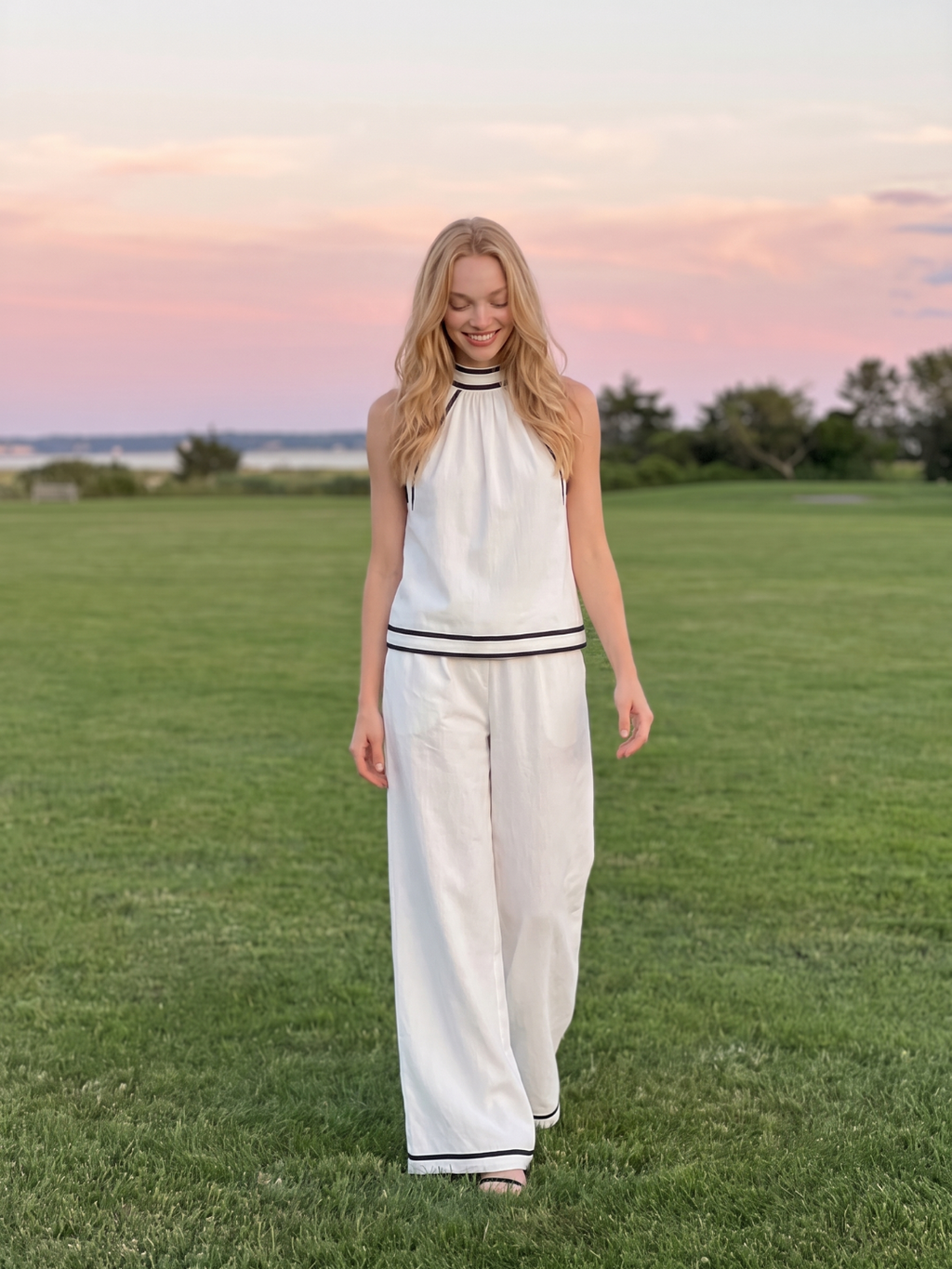 DEMETRIA Women's Halter Neck Contrast Trim Linen Top and Wide Leg Trouser Set